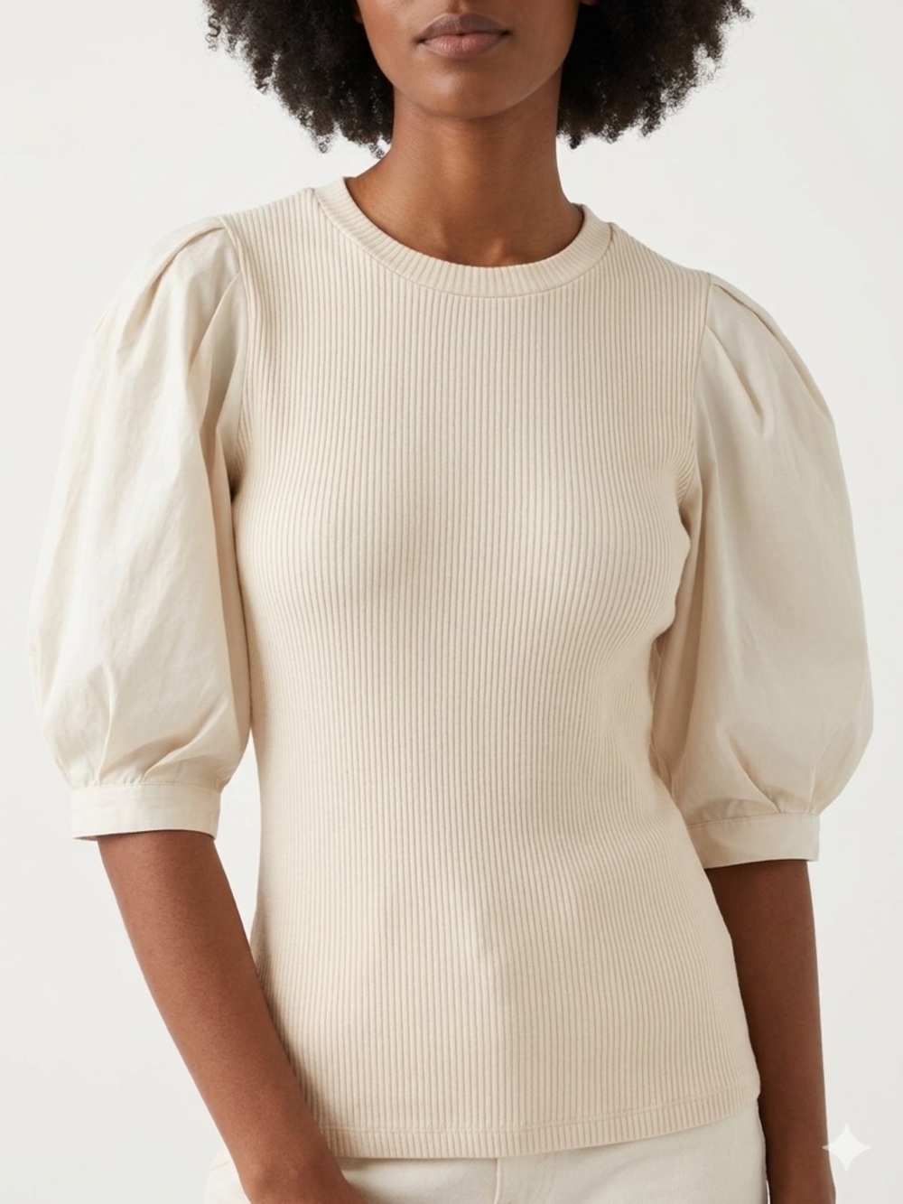 Who What Wear Puff Sleeve Ribbed Knit Top Crew Neck Blouse‎ Cream Small